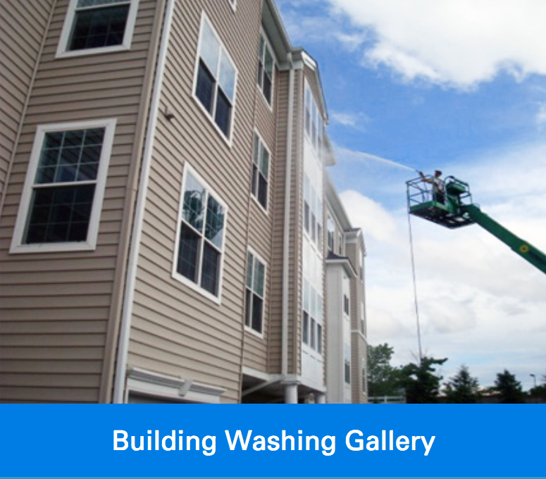 Window pressure washing apartment building with Building Washing Gallery text