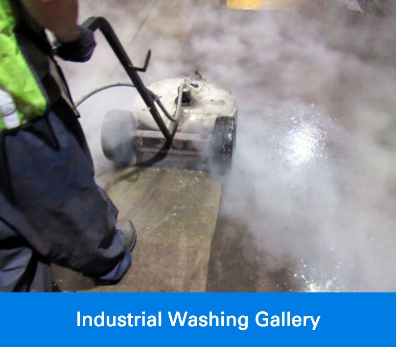 Industrial property concrete being cleaned with Industrial Washing Gallery text