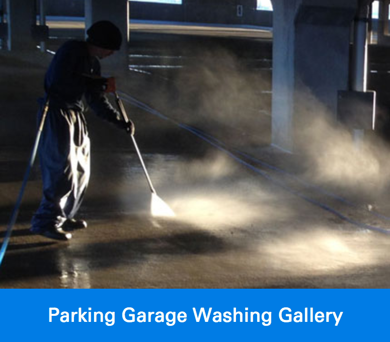 Professional power washing parking garage with Parking Garage Washing Gallery text